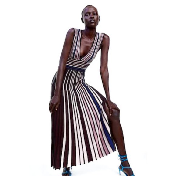 Zara Womens Knit Dress Multicolored Striped Midi Sleeveless - Size Medium - Picture 1 of 8